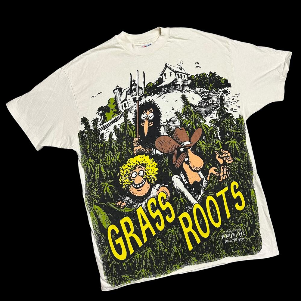 RARE Vintage 90s Fabulous Furry Freak Brothers Grass Roots AOP Tee Shirt 420 XL